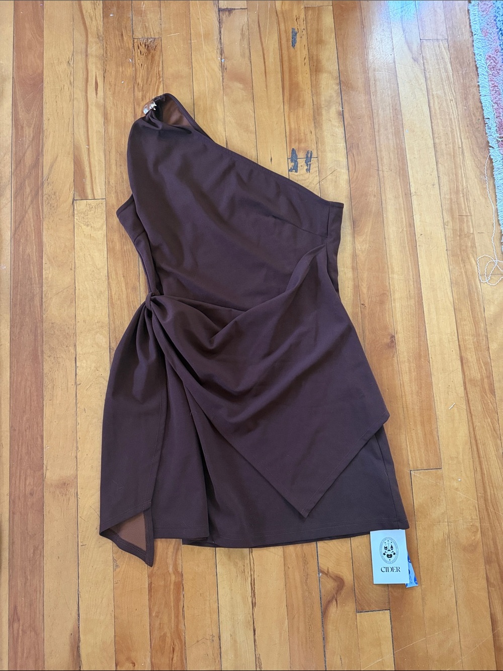 Cider Chocolate Brown One-Shoulder Draped Mini Dress